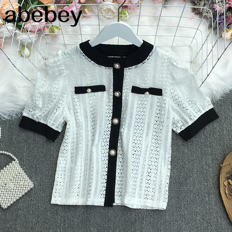 

2021 New Summer Women Vintage versatile O-neck puff sleeve Shirt hit color single breasted lace Shirt Top