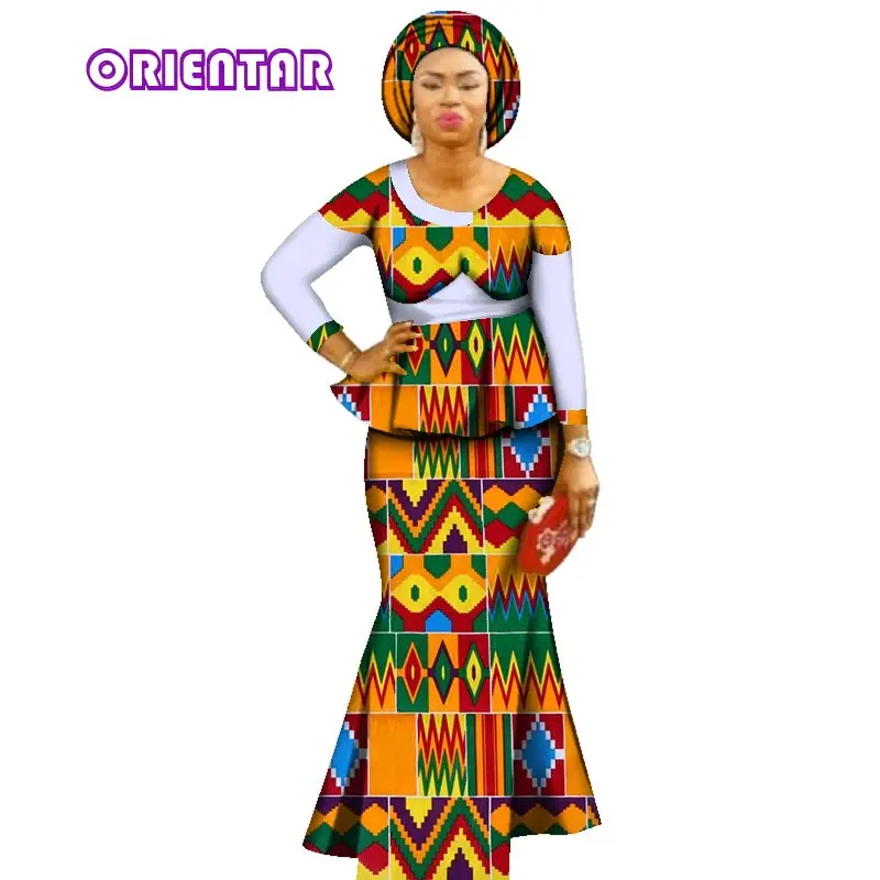 3 Pieces Autumn African Skirts Set Women African Dashiki Tops Skirt Set+Head Scarf Private Custom African Clothing WY2900