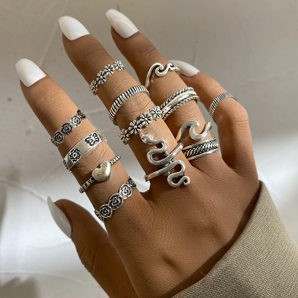 

Женский комплект колец в стиле ретро, массивное ювелирное изделие со змеиным соединением, геометрическим дизайном и цветком, бижутерия, Пря...