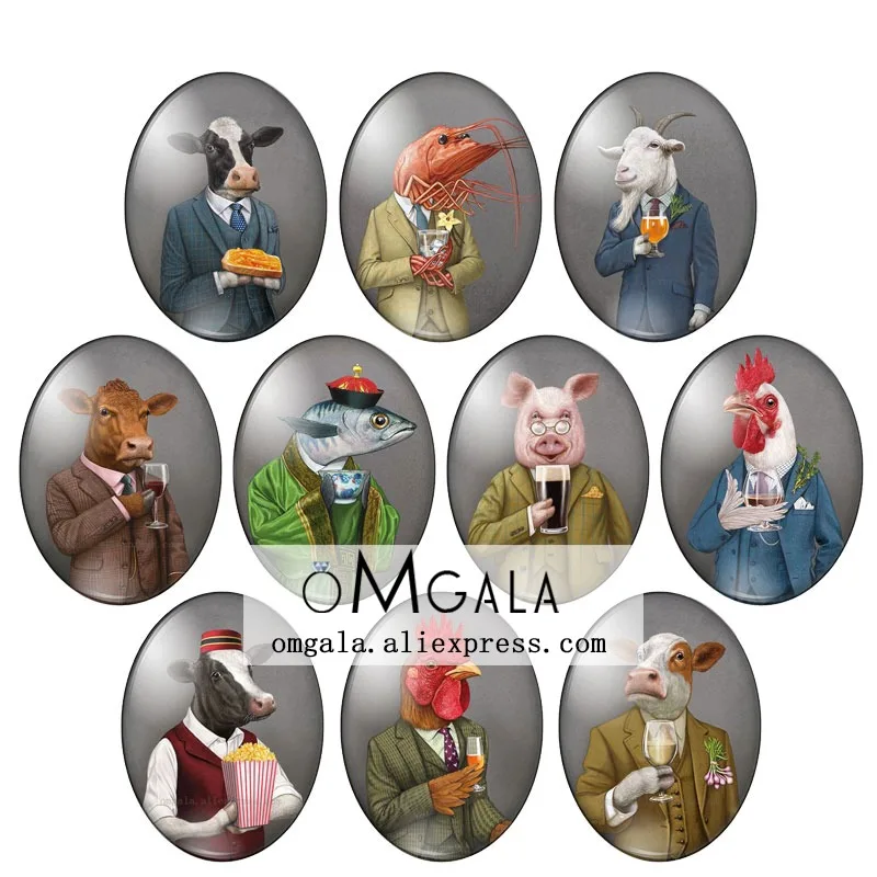 

Cute Cow Fish Sheep Pig Amimals with Suit 10pcs 13x18mm/18x25mm/30x40mm Oval photo glass cabochon demo flat back Making findings