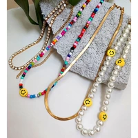 beach style simulated pearl smiley beaded necklace for women metal snake chain rhinestone choker necklaces set bohemian jewelry