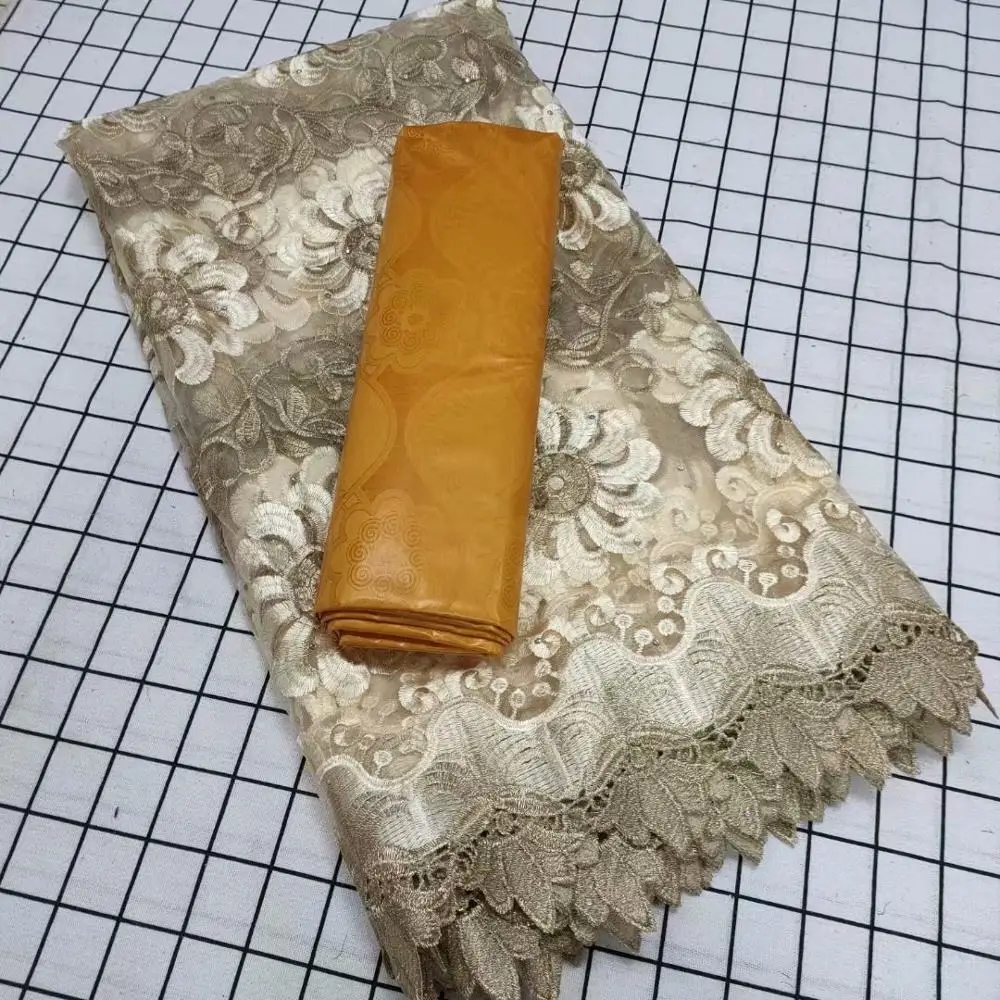 

African Mesh Lace Fabric High Quality Nigerian French Swiss voile Lace With Bazin Riche Fabrics 2.5+2.5yards For Dress F212-20