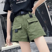 women summer cargo shorts with belt ladies fashion streetwear solid high waist loose shorts joggers female plus pocket bottom