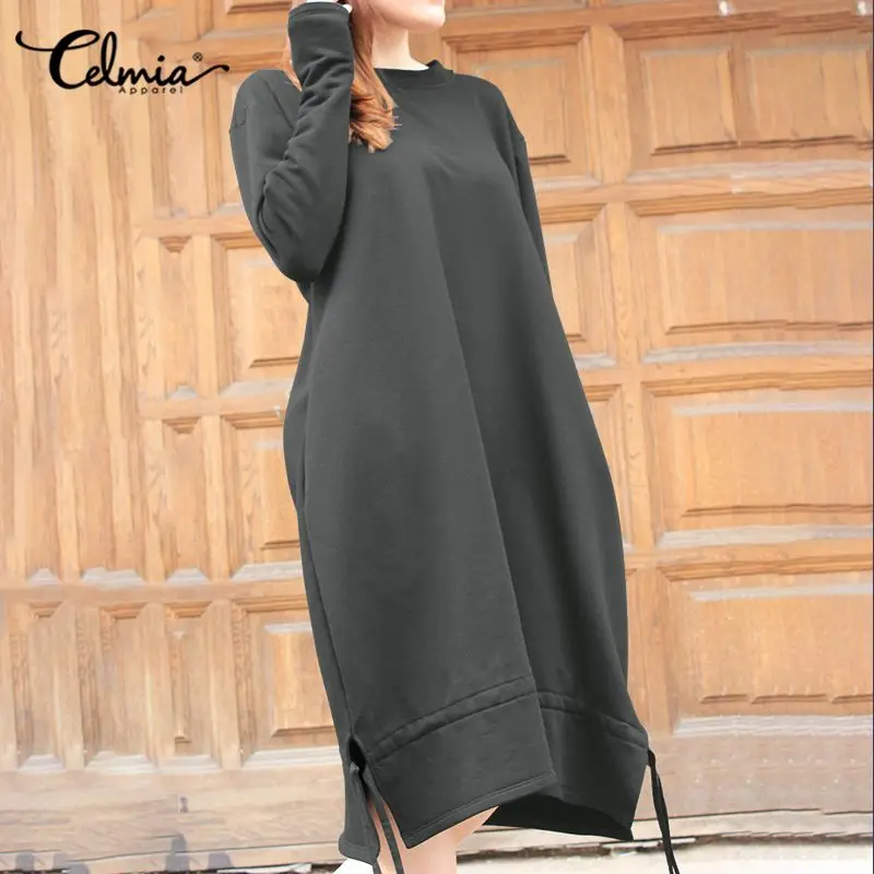 

Зимнее женское винтажное платье-свитшот Celmia 2021, платья с длинным рукавом, пуловер с круглым вырезом и кулиской, повседневное свободное вече...