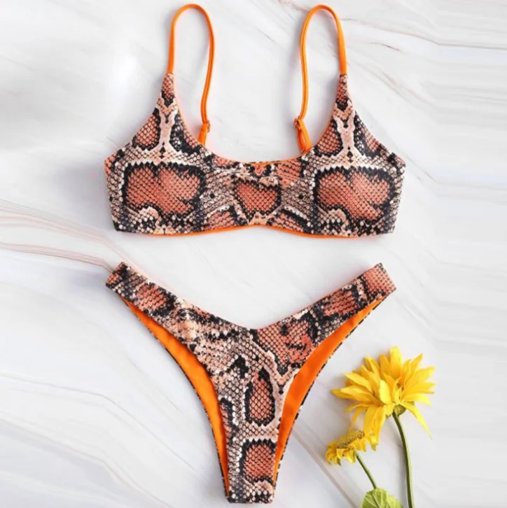 

Sexy Snake Print Bikini 2021 Women Lace Up Bandage Bikinis Push Up Thong Swimsuit Female Bathers Bathing Suit Swimwear Biquini