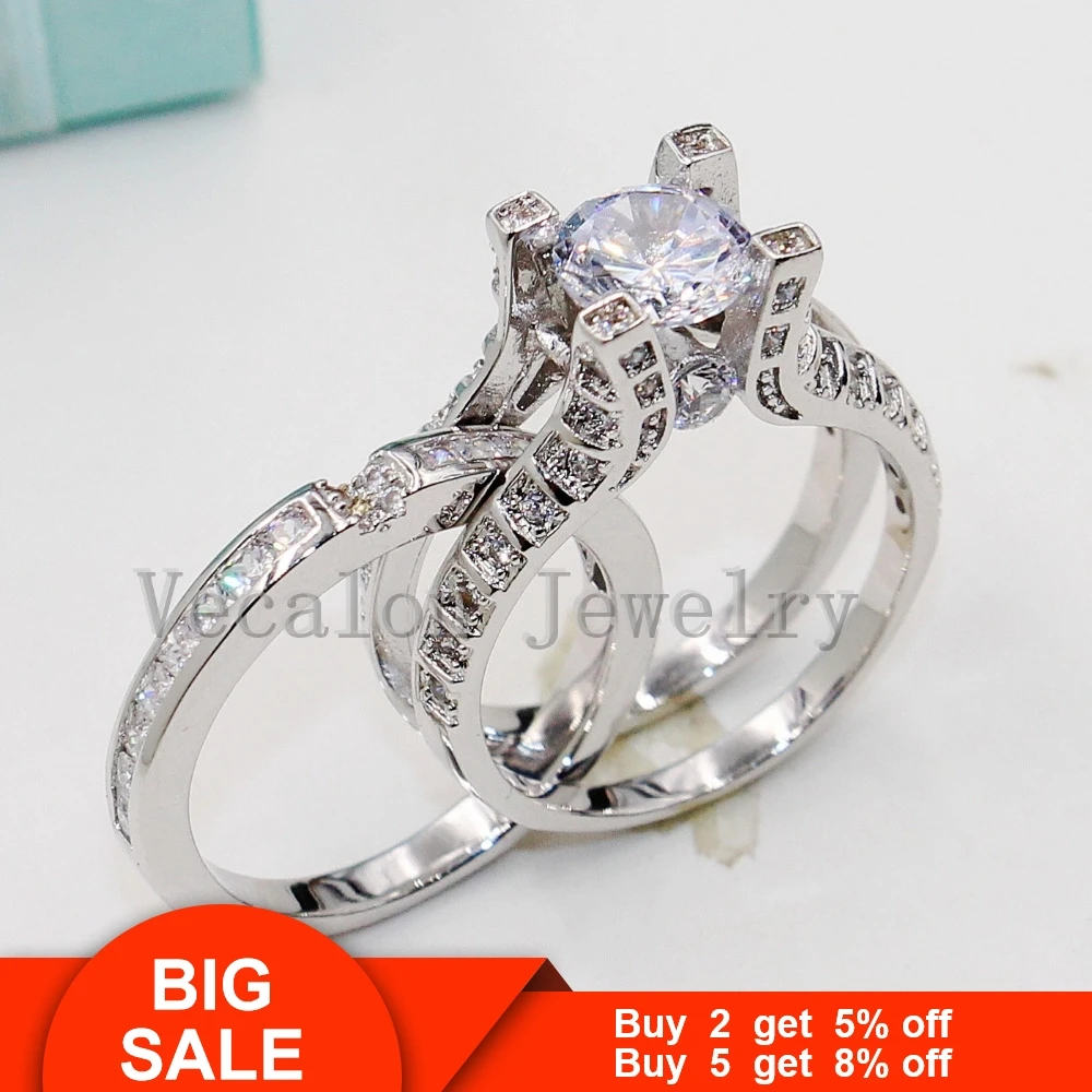 Vecalon Vintage New 5ct AAAAA Zircon Cz 2-in-1 Engagement Wedding Band Ring Set for Women 14KT White Gold Filled Party ring | Украшения и
