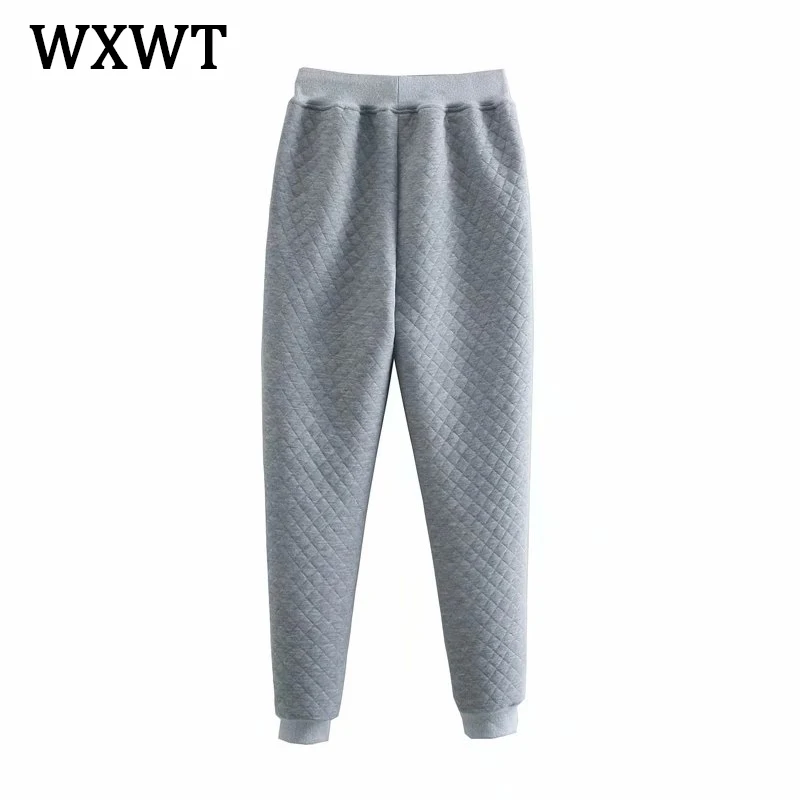 

WXWT Autumn Winter Women Gray Diamond Plaid Open Bag Suit 2 Pieces Sets Hoodies Sweatshirt And Elastic waist Casual PantsSuits