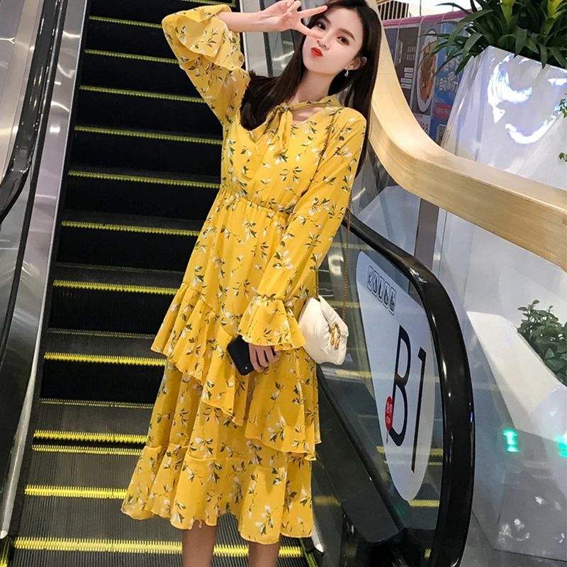 Новинка 2019 весна осень Женский Повседневный шифоновый пляжный комбинезон длинное платье рукав колокол