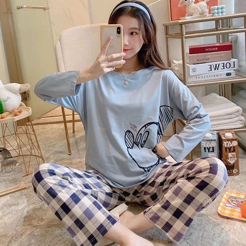 

Женская Хлопковая пижама в Корейском стиле, синий домашний костюм с длинным рукавом Микки Мауса, студенческий повседневный костюм для весн...