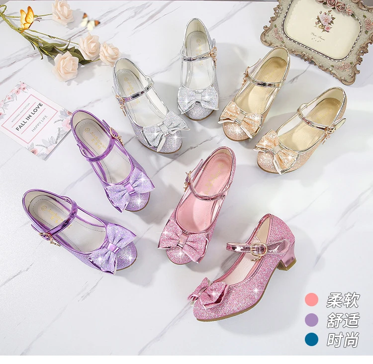 Girls Princess Shoes Butterfly Knot High-Heel Shiny Crystal Shoes Kids Leather Shoes Children's Single Shoes Birthday Present comfortable sandals child