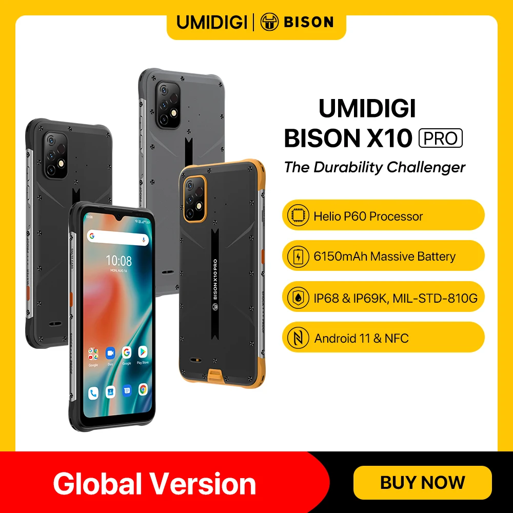 

UMIDIGI BISON X10 Pro Smartphone Global Version NFC 4GB 12GB IP68 & IP69K Helio P60 Octa Core 6.53" 20MP Triple Camera 6150mAh