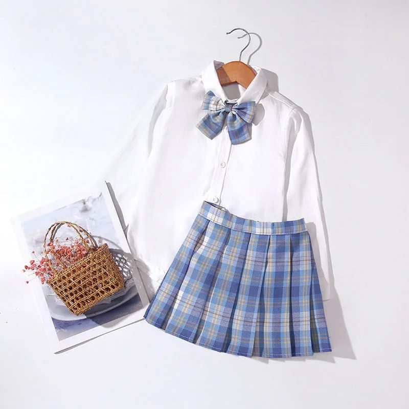 Conjunto de ropa Formal JK de algod&oacute;n para ni&ntilde;a, camisa blanca + Falda plisada a cuadros + pajarita, 3 piezas, traje escolar para ni&ntilde;o de 3 a 14 a&ntilde;os-1
