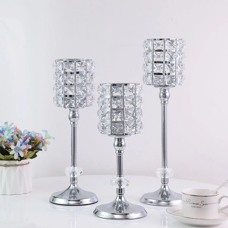 

Silver Creative Crystal Candlestick Pillar Holder For Wedding Party Centerpieces Decorative Home Craft Cylinder Candelabra