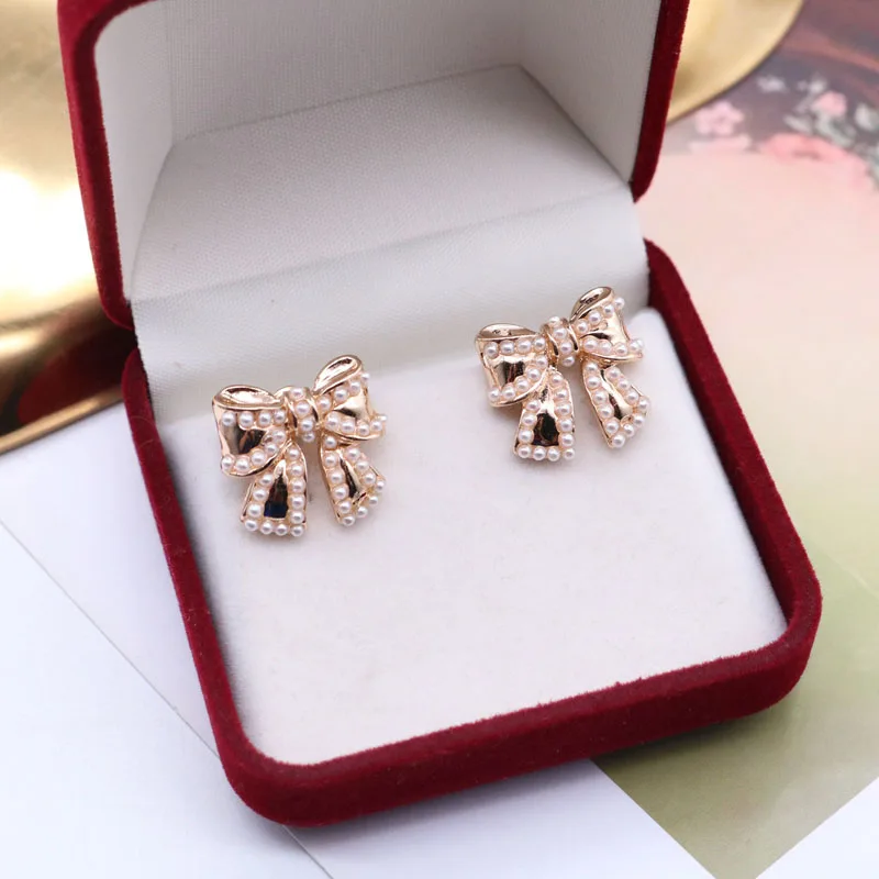 

Bow Earrings Korea Japan Styles Alloy Cute Pearls Sweet For Female Girls