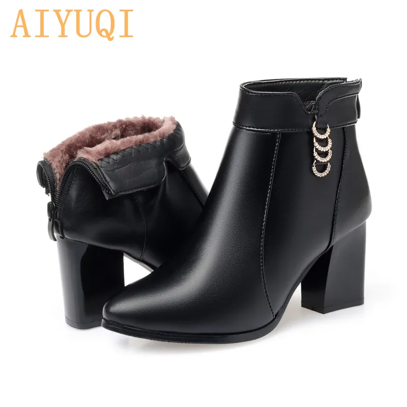 fluff black AIYUQI женские ботильоны натуральной телячьей кожи Модные женские ботинки красного цвета с заостренным носком, со стразами на высоких каблуках зимние Свадебный ботинок - Цвет: fluff black