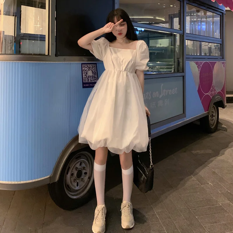 

JuneLove Kawaii Lolita Style Dress Sweet Mori Series Thin Puff Sleeve Square Collar Fairy Dress Soft Girl Puffy Dresses Summer