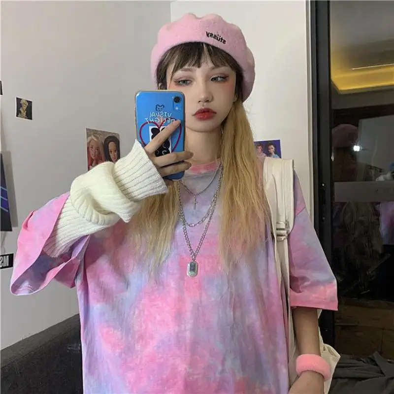 

Harajuku Unique Net Red Shirt Short-sleeved Female Hip-hop 2021 Spring And Summer New Korean Student Tie-dye Gradient T-shirt