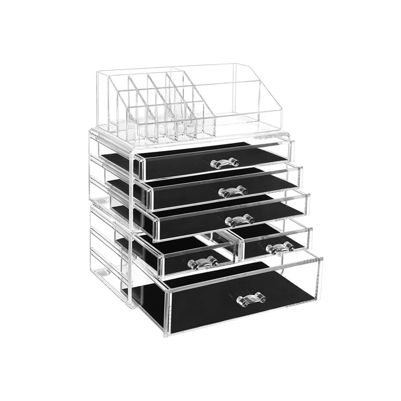 

Large Clear Acrylic Make Up Organiser, Stackable Cosmetic Box, with 6 Drawers, for Palette Brush Foundations Lipstick