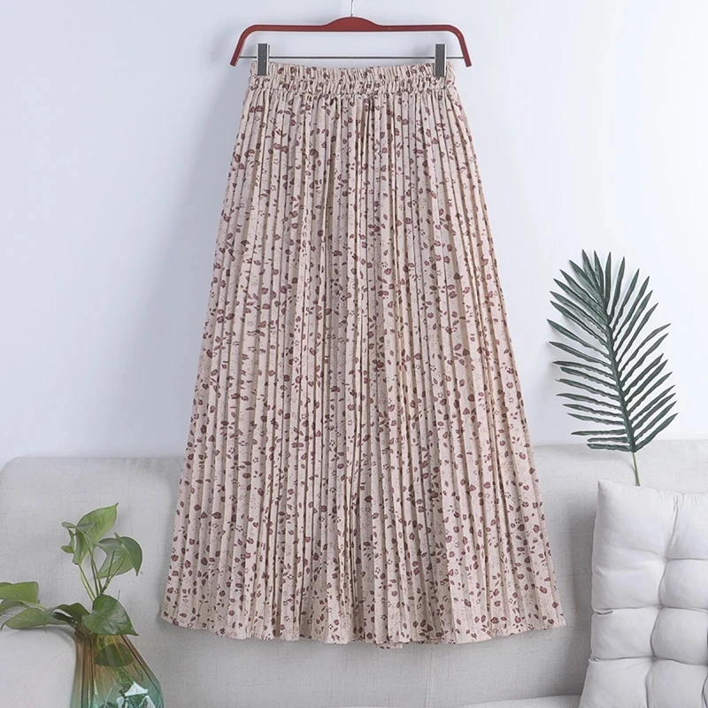 

2021 Summer New Floral Pleated Chiffon Skirt Korean Version of Harajuku Stretch High Waist Retro Vacation A-line Long Skirt