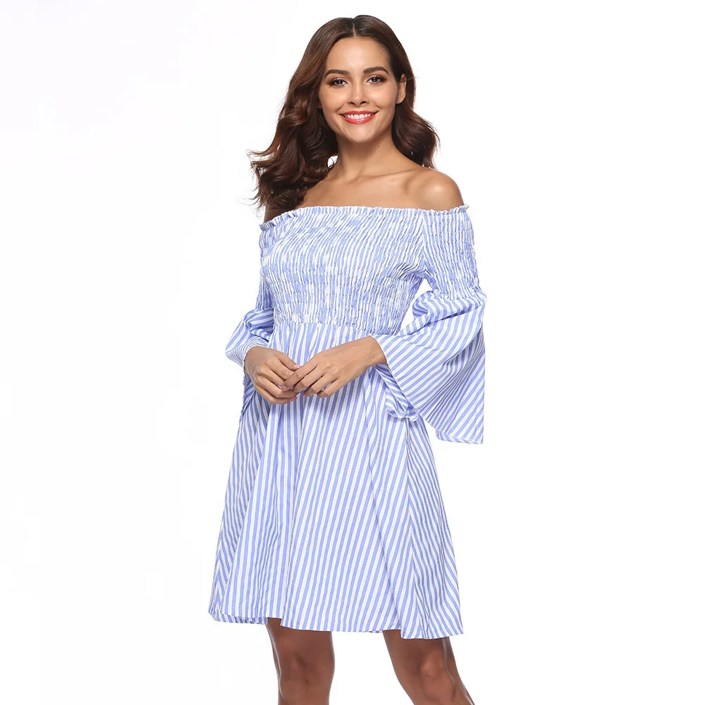 Sexy Off Shoulder Party Mini Dresses Elegant Vintage Stripe Lantern Long Sleeve Summer Holiday Style Beach Boho Dress Vestidos |