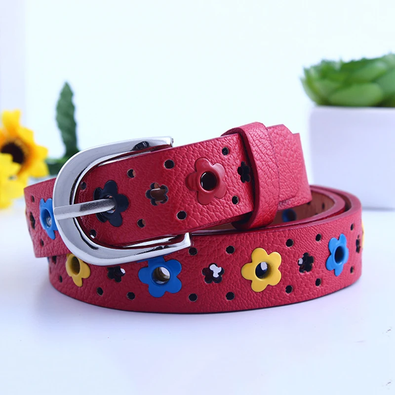 

Casual Kids Belt flower Faux Leather Kids Belt Colorful Flower Hollow Waistband Apparel Belt Silver Buckle Children Waist Belt