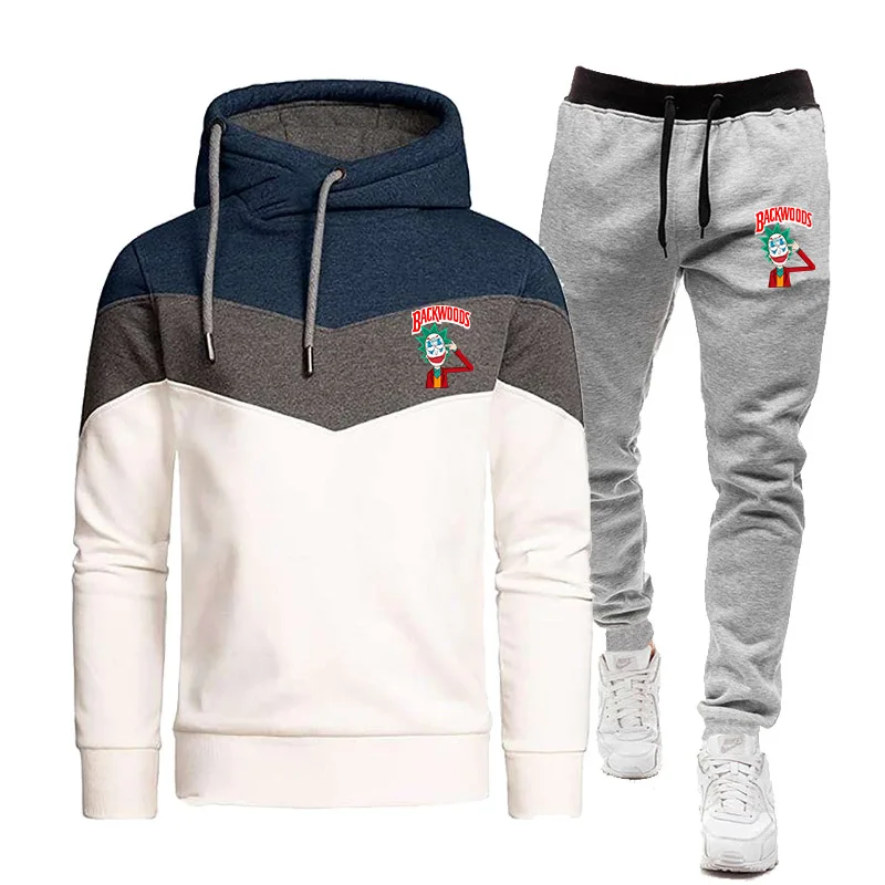 

Men's Patchwork Hooded Sweater Hoodie Clothing Casual Loose Fleece Warm Streetwear Men's Fashion Fall/Winter Jacket=Pants 2-Piec