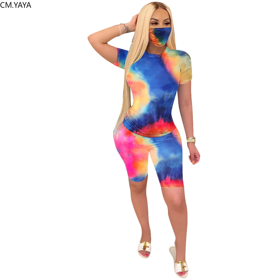 CM.YAYA women tie dye black hole print two piece set fashion tee tops shorts jogger pants suit tracksuit matching outfit |