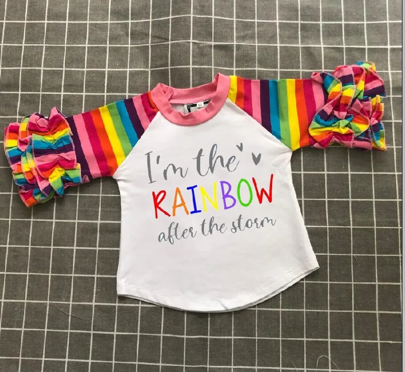 

Valentine's day baby girls children clothes cotton spring ruffles love rainbow 3/4 sleeve icing raglan shirts boutique