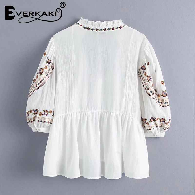 Everkaki Boho вышитые Хлопковые женские рубашки, футболки, топы, однотонные белые женские блузки с коротким рукавом, рубашки, женские топы Осень новинка