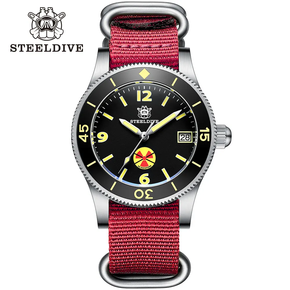 

STEELDIVE Watch 1952T Diver Red Men's Mechanical Watches 316L Steel Nylon Strap Diving Men Automatic Self Winding Wristwatch