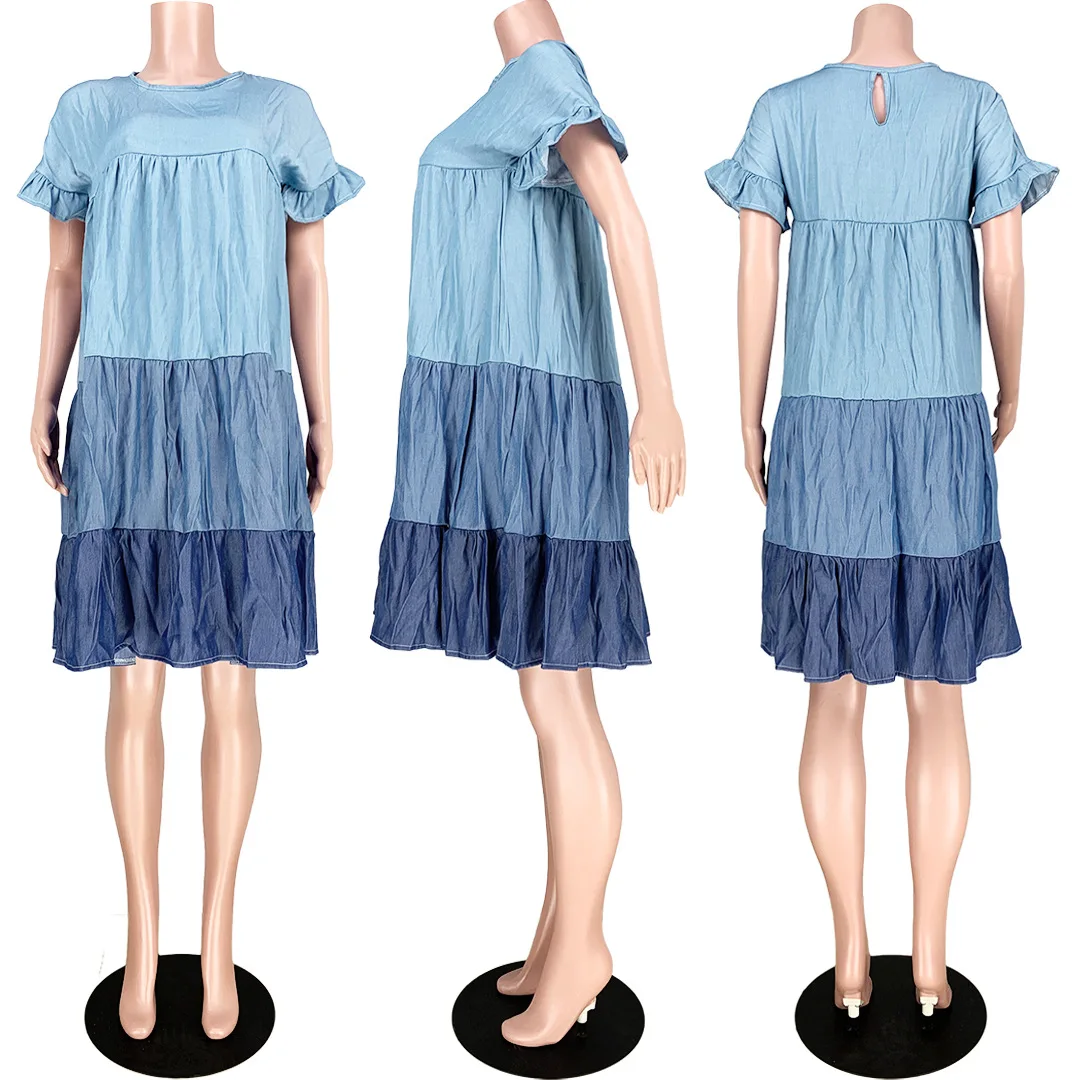 

Color Block Splice Cute Loose Dress Woman Causal O Neck Ruffles Short Sleeve Mini Vestidos Korean Style Back Hollow Ruched Robe