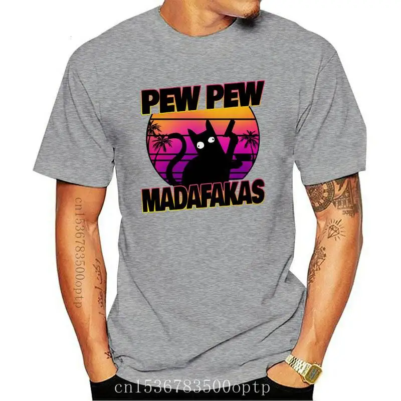 

Новинка, футболка Pew Madafakas с принтом, Женская забавная Футболка с принтом черной кошки убийцы с пистолетом, топы с коротким рукавом для Хэлло...
