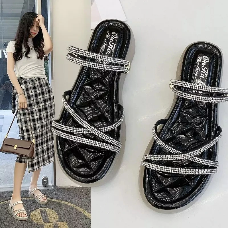 

Ladies Summer Women's Slippers Flat Jelly Bottom Fashion Sandals Outer Wear Sandals and Slippers Rhinestone Platform Sponge