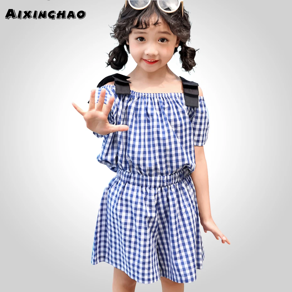 Комплект одежды для девочек клетчатая футболка + штаны комплект летней из 2