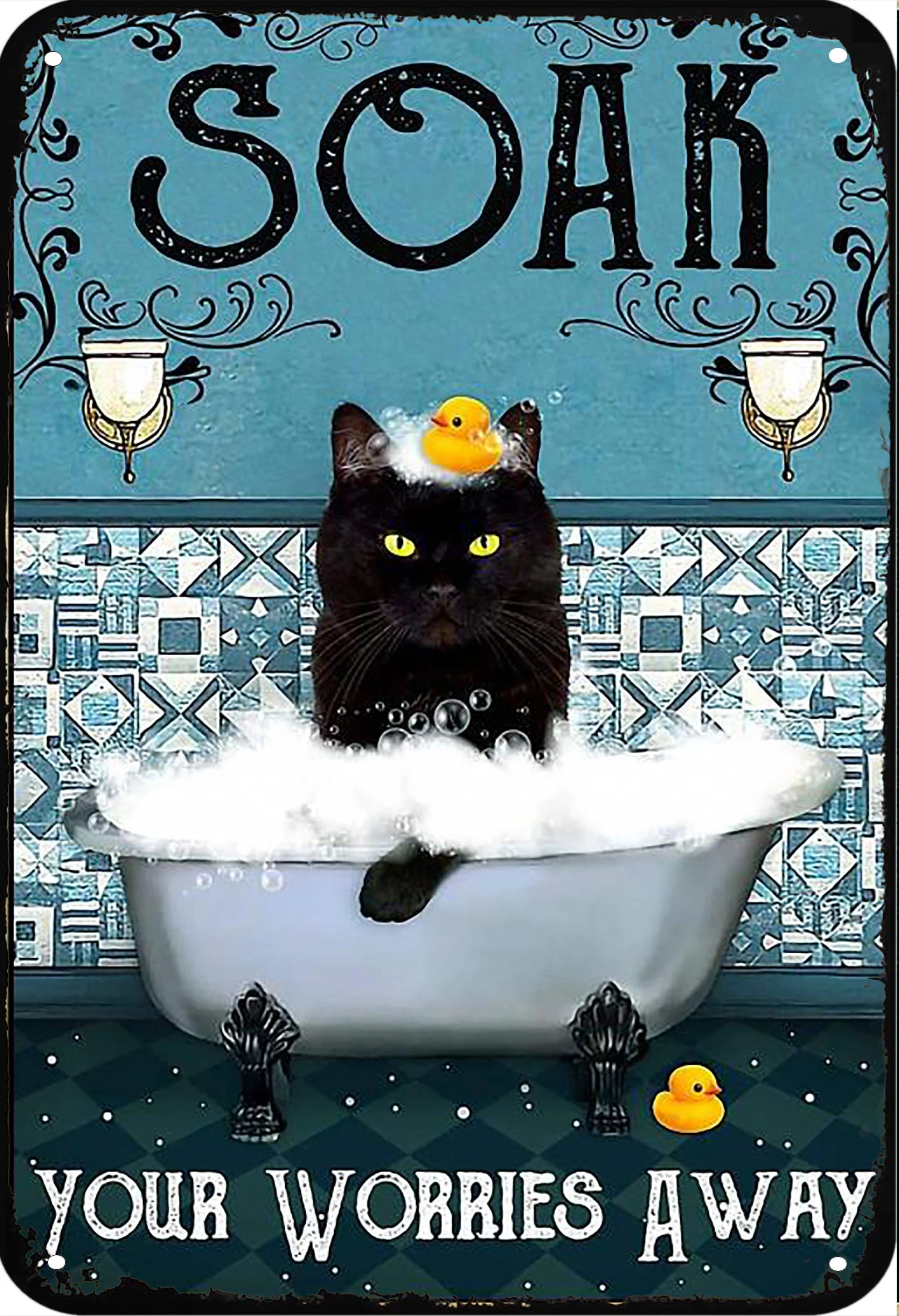

Black cat soak your worries away poster Aluminum metal material tin sign 30*20cm or 30x40cm