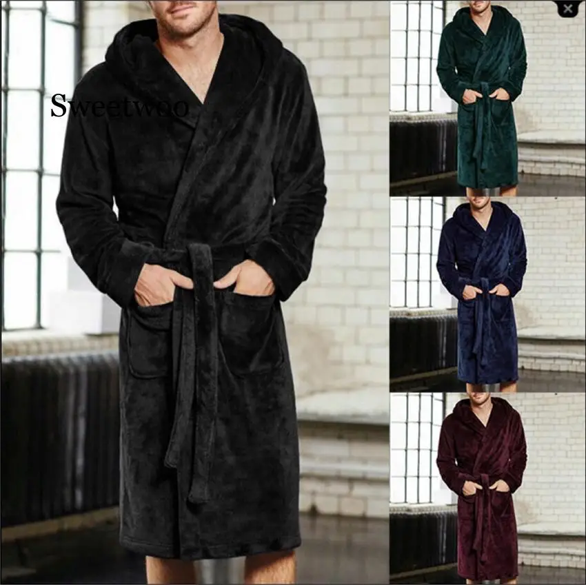 Men Autumn Winter Long Thick Warm Corduroy Bathrobe Solid Towel Long Robe Sleepwear  4XL 5XL Men Kimono Hooded Robe