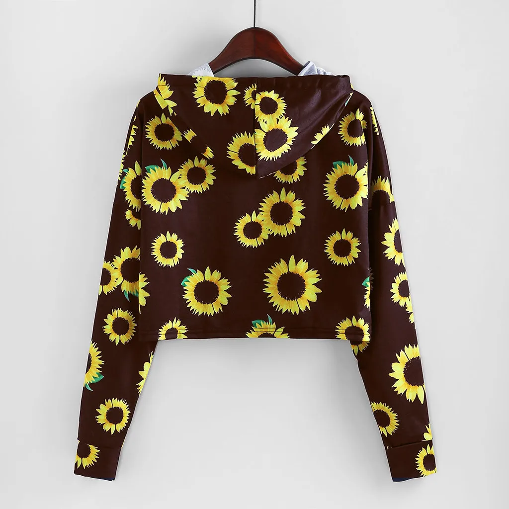Осенний женский короткий свитшот с капюшоном принтом подсолнуха повседневный