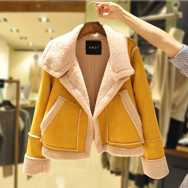 

Women Winter Oversized Teddy Jacket Chic Faux Suede Fur Collar Coats Aviator Motorcycle Biker Jackets Female Lamb Wool Coat New