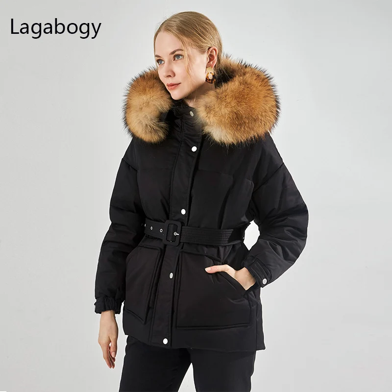 

Lagabogy 2021 Winter Large Natural Fur Collar Hooded Women Warm Puffer Jacket With Belt 90% White Duck Down Coat Thickness Parka