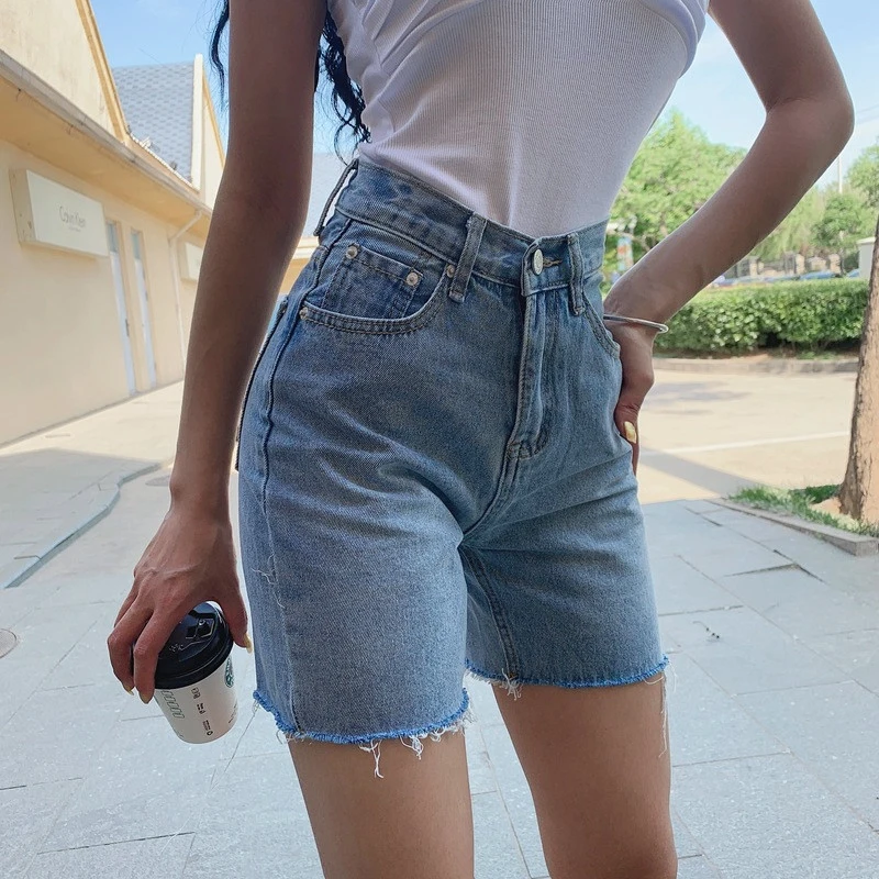 

High Waist Slim Denim Shorts Bermuda Plus Size Woman New Fashion Tassel Tight Five-point Denim Shorts Washed Sexy Female Summer