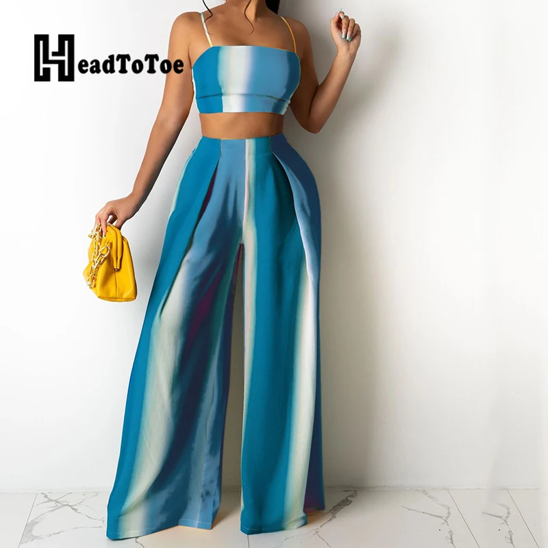 

Colorblock Spaghetti Strap Crop Tops & Wide Leg Pants Set Women Summer Two Piece Set Outfits
