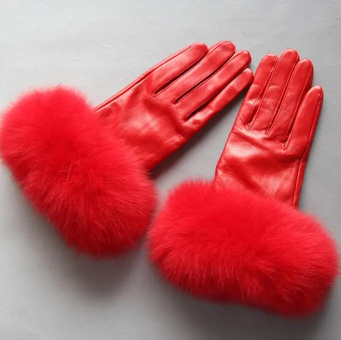 Women's natural big fox fur genuine leather glove lady's warm natural sheepskin leather plus size red driving glove R2445