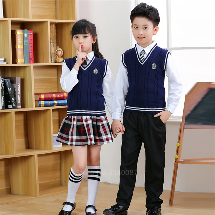 Uniformes escolares de estilo japonés británico para niño y niña, falda a cuadros de algodón azul marino, traje de clase para estudiante, conjunto de ropa de escenario para guardería