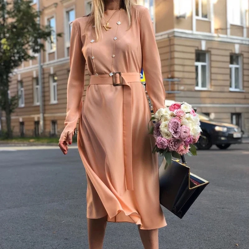 

Women Belt Satin Dress A-line Long Sleeve O-Neck Party Regular Sexy Dress Elegant Mid-Caif Solid New Fashion Dress 2020 Winter