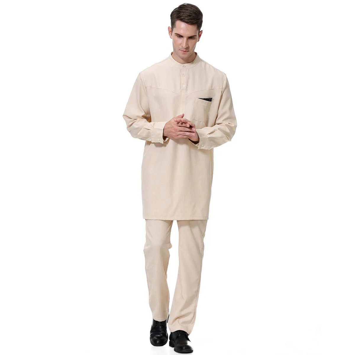 Saudi Arabia Muslim Men Jubba Thobe + Pant 2 Piece Set Djellaba Pakistan Kaftan Dubai Abaya Islamic Clothing Ramadan Worship