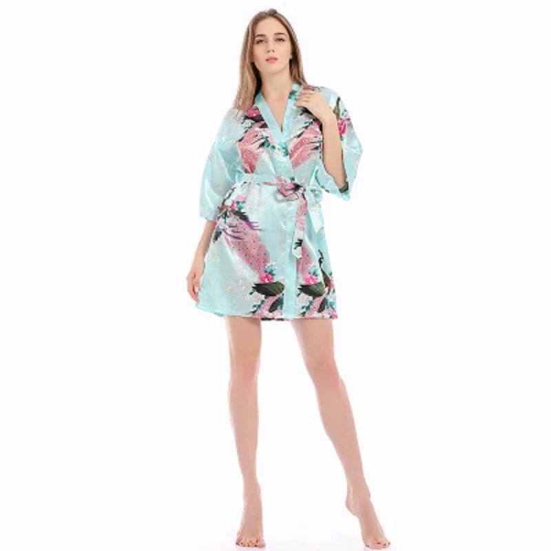 AECU2021 Spring New Ladies Silk Satin Thin Robe Comfort Fresh Style Floral Printed Sleepwear Sexy Nightgown Femme Satin Homewear