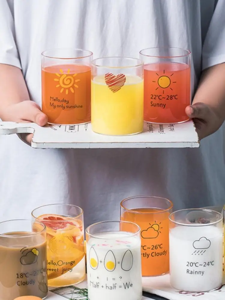 

Clear Glassware Breakfast Cup with Cute Patterns Transparent Glass Milk Coffee Mug Photo Couple Gift Home Drinking Glasses