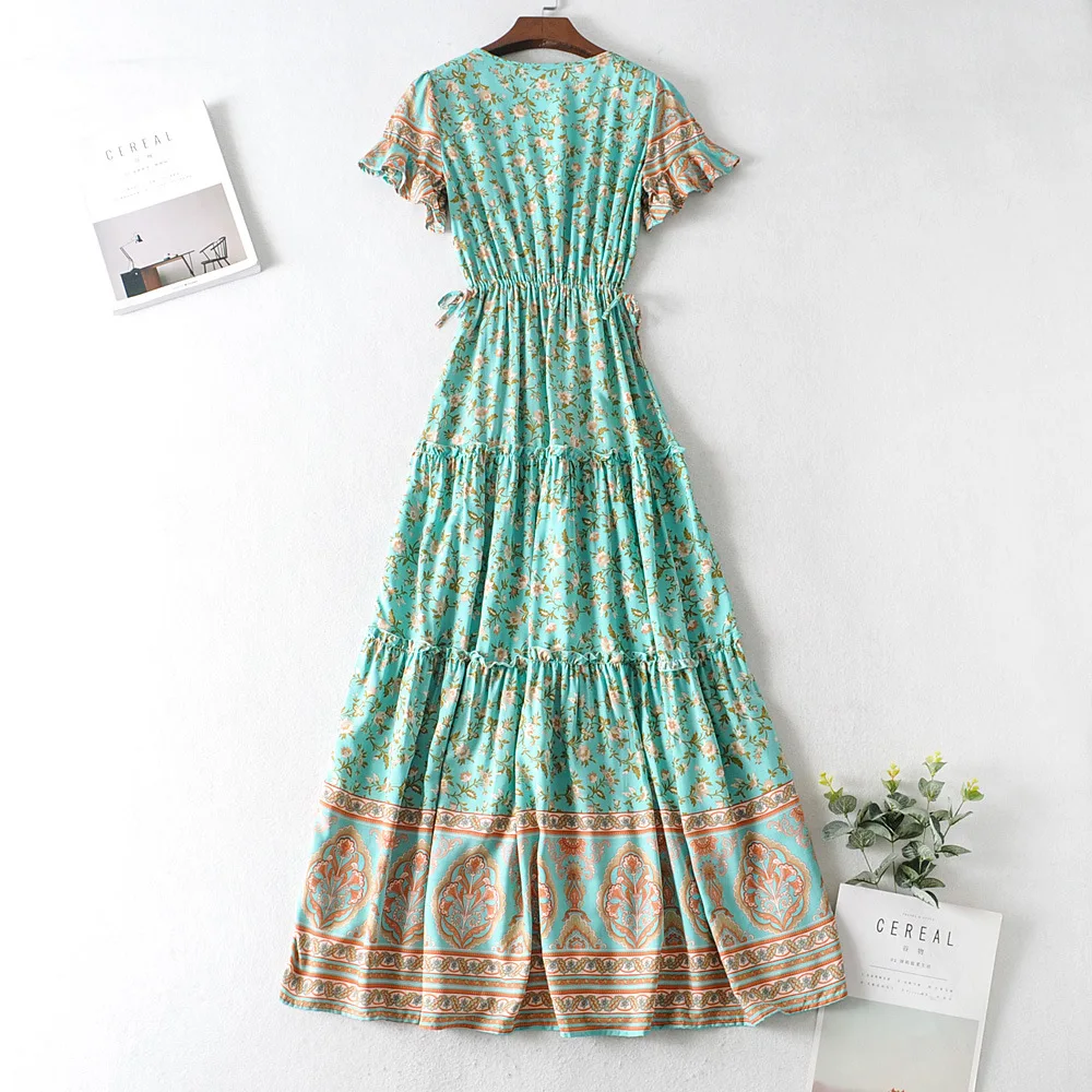 

Floral Printed Maxi Dress V Neck Sexy Ruffle Sleeve Vintage Vestidos 2021 Summer Hippie Beach Casual Women Dresses