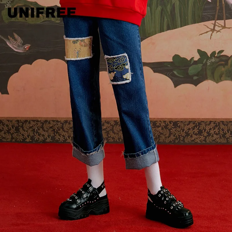 Простые облегающие джинсы UNIFREE повседневные Прямые с высокой талией и принтом