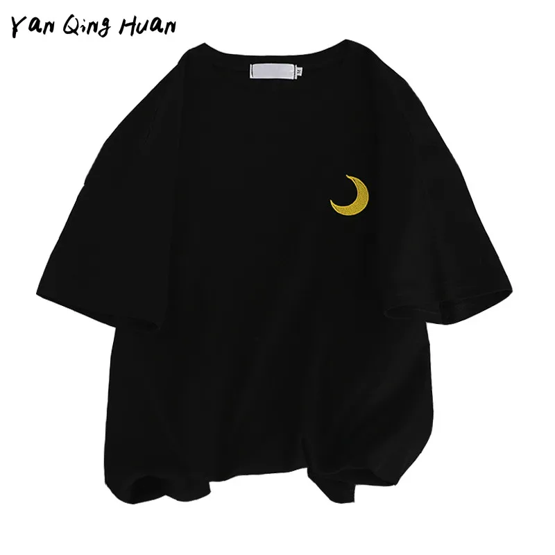 

Футболка женская с вышивкой луна, модная повседневная Свободная рубашка из чистого хлопка, в стиле Харадзюку, удобная одежда, на лето